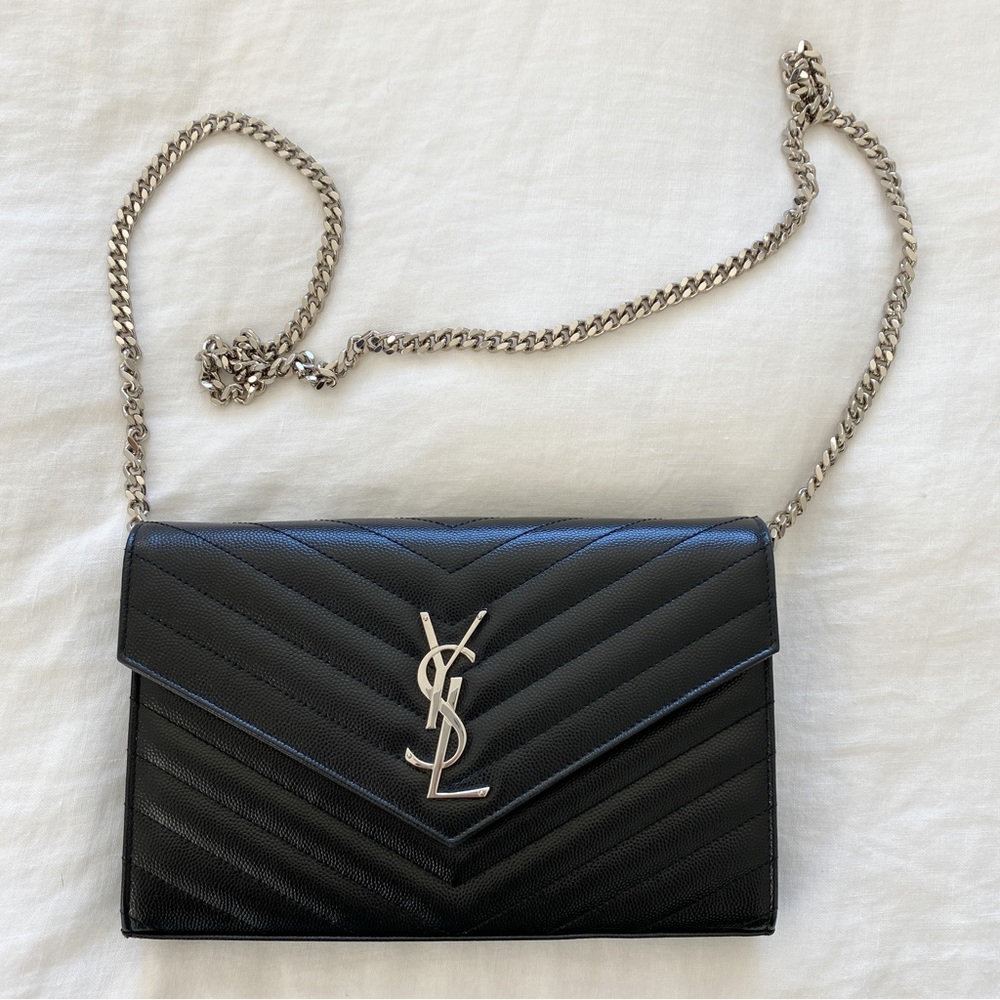 Saint Laurent YSL Monogram Large Grain Calfskin Wallet on Chain Black Silver